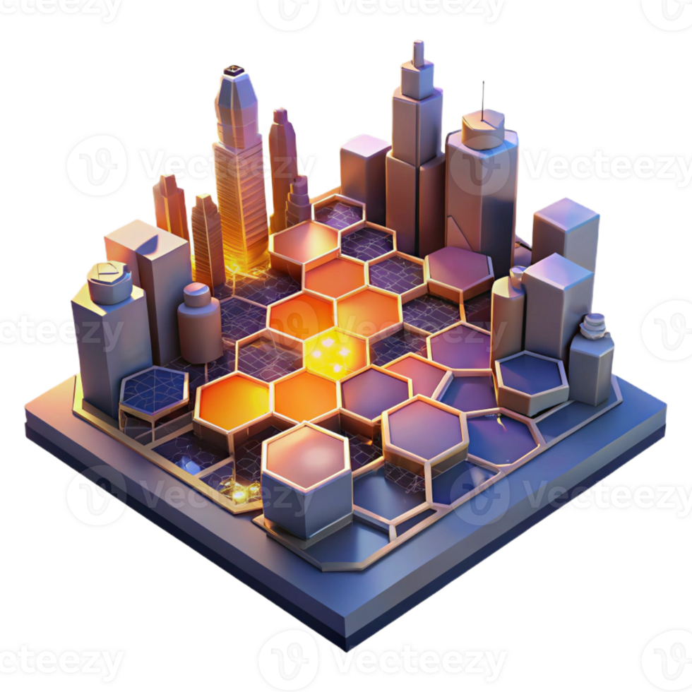 vibrant rustic A futuristic cityscape built on interconnected hexagonal platforms, bathed in the warm glow of a setting sun. Cyberpunk style professional png