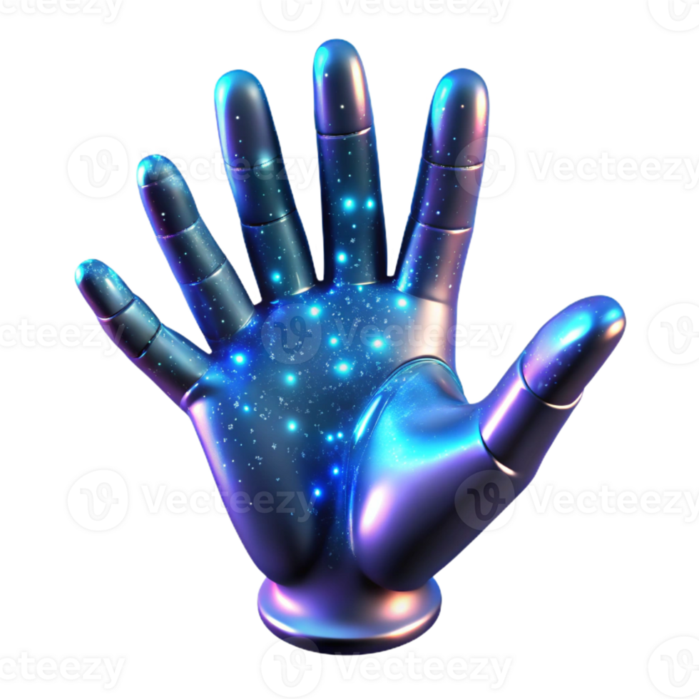 elegant contemporary A holographic projection of a human hand reaching out, composed of shimmering particles, illuminated by a cool, blue light. Futuristic style original png