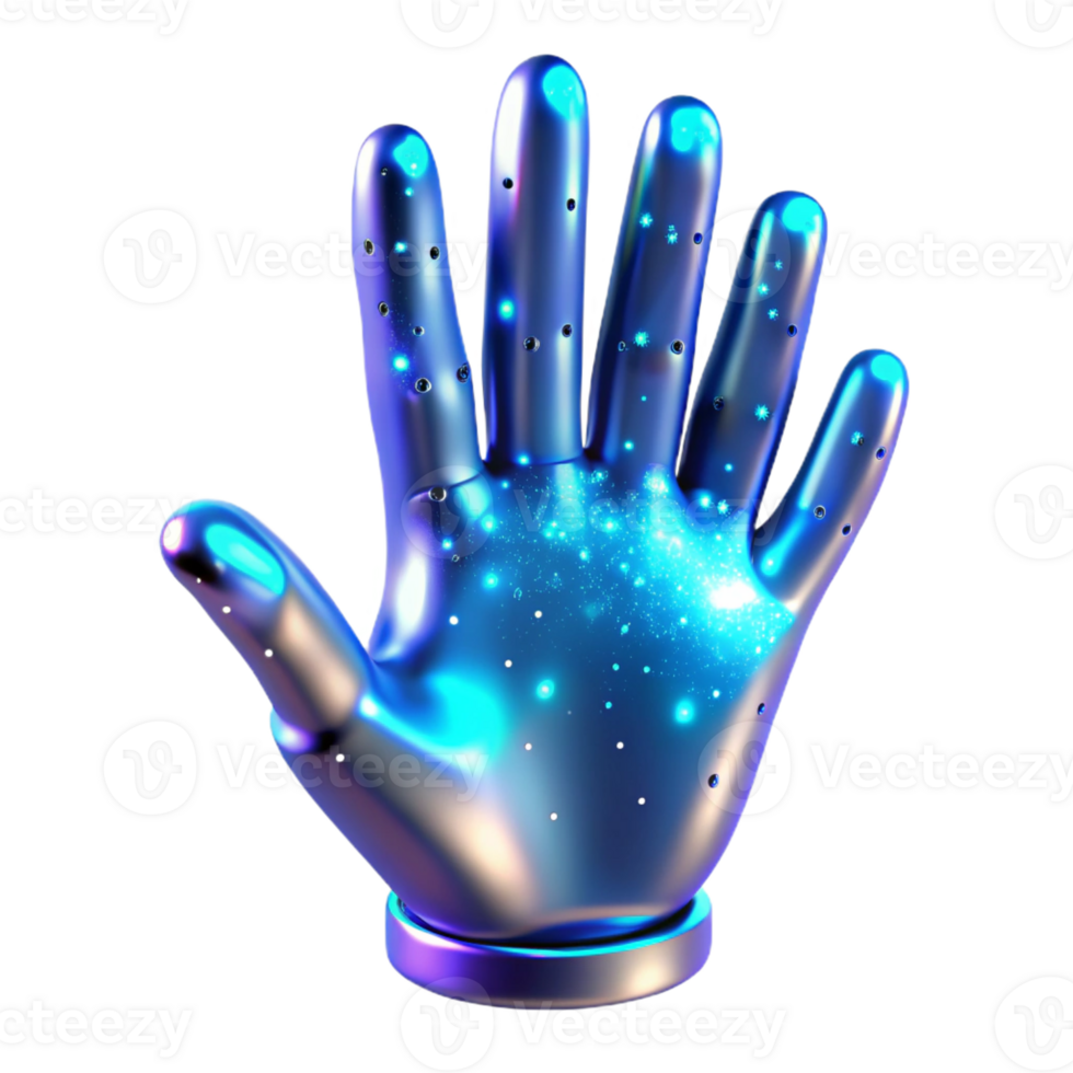 magnificent artistic A holographic projection of a human hand reaching out, composed of shimmering particles, illuminated by a cool, blue light. Futuristic style original png