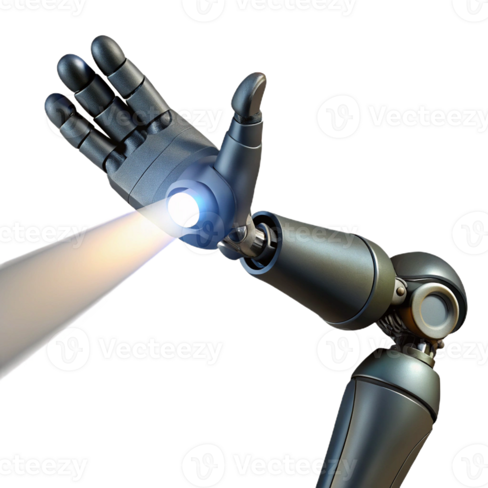 wonderful creative A biomechanical prosthetic arm extending from a shadowy figure, illuminated by a single beam of white light. Cyberpunk style high quality png