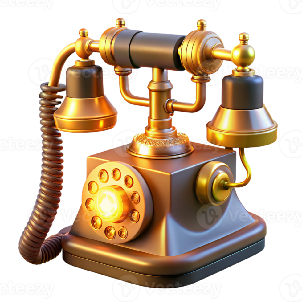 impressive minimalist A vintage rotary phone with glowing wires and tubes, illuminated by a warm, orange light. Steampunk style high resolution png