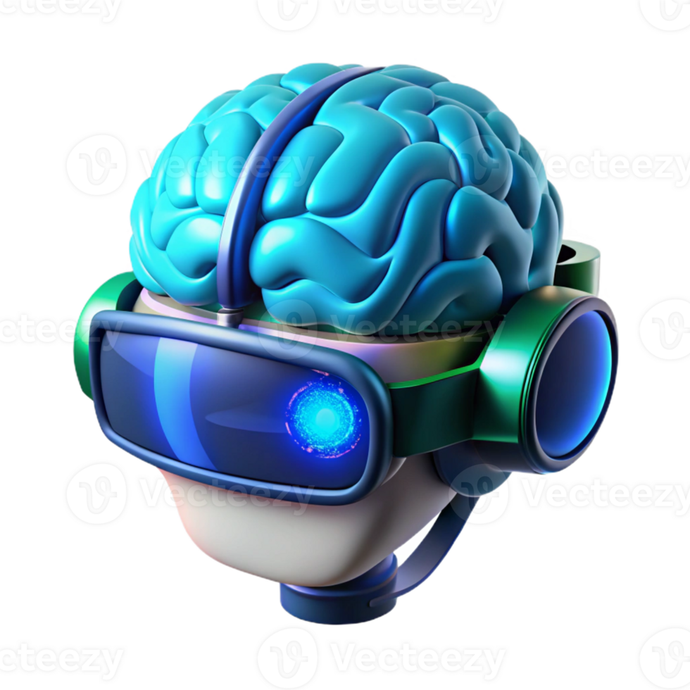 extraordinary contemporary A human brain connected to a virtual reality headset, illuminated by pulsating blue and green light. Cyberpunk style 4K png