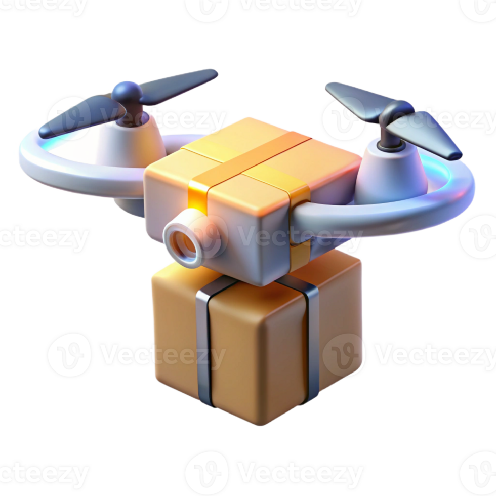 beautiful abstract A drone delivering a package, illuminated by a bright, white light. Realistic style detailed png