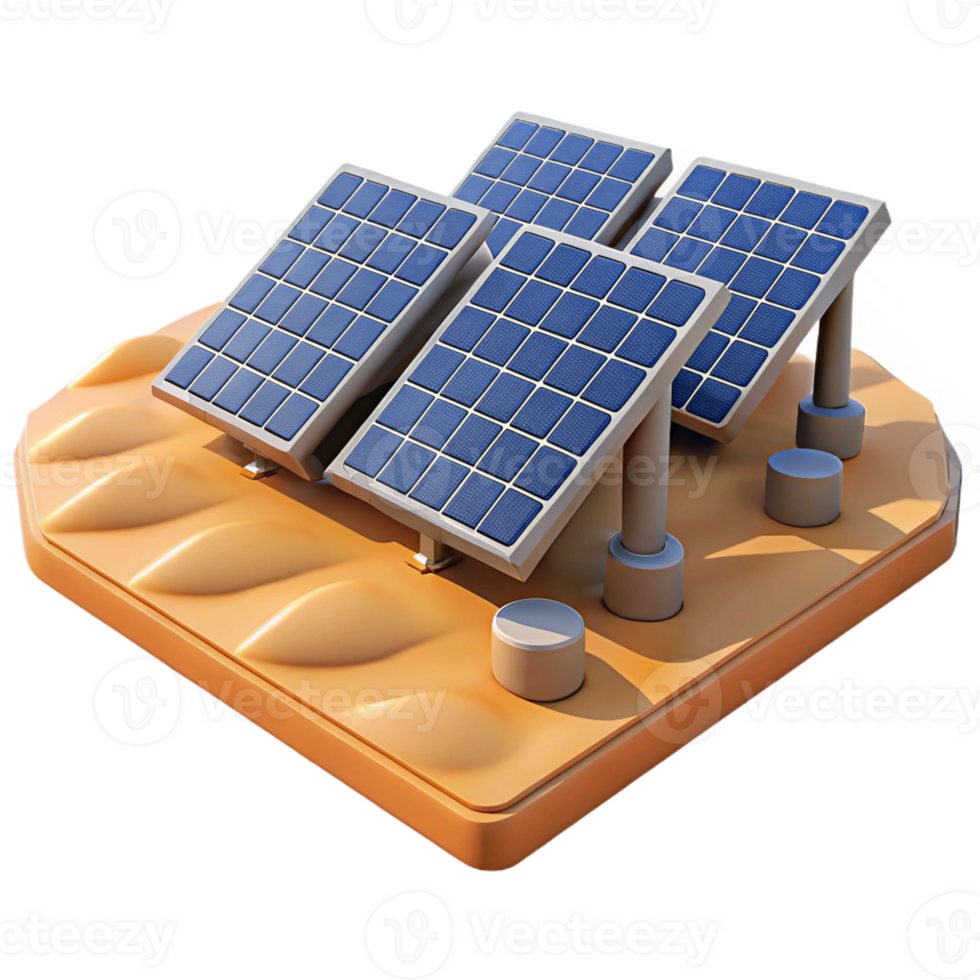 beautiful creative A solar panel farm stretching across a vast desert, illuminated by the bright sunlight. Realistic style professional png