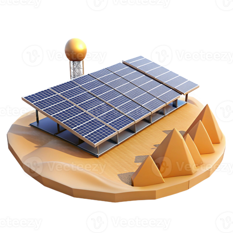 serene traditional A solar panel farm stretching across a vast desert, illuminated by the bright sunlight. Realistic style 4K png