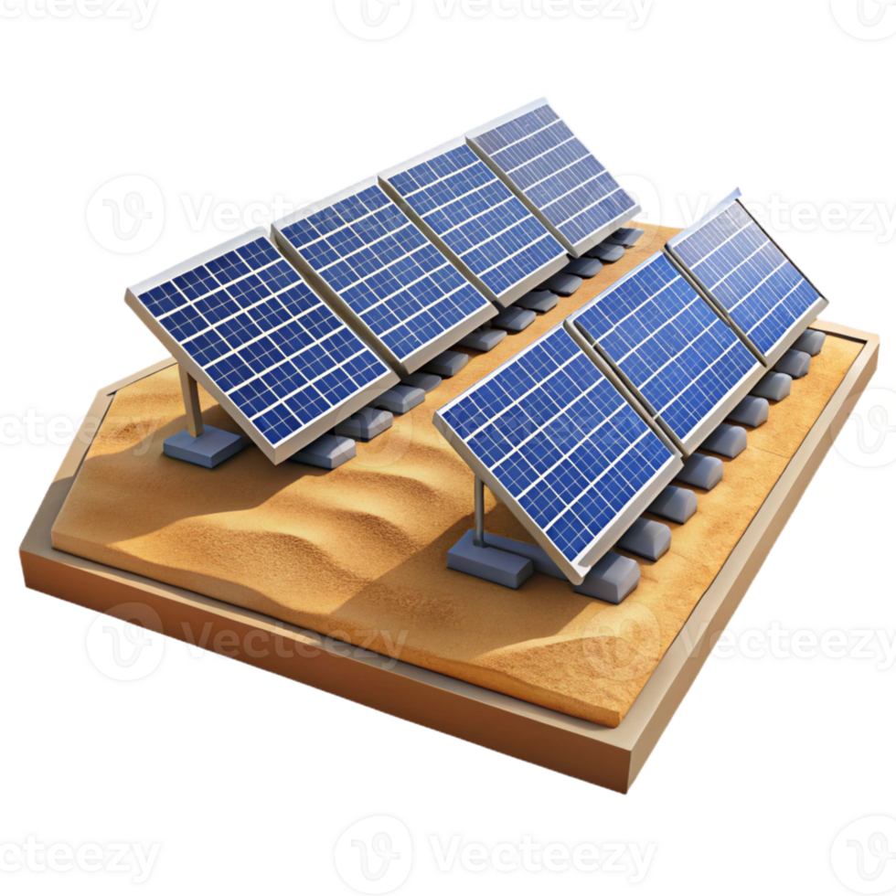 serene modern A solar panel farm stretching across a vast desert, illuminated by the bright sunlight. Realistic style 4K png