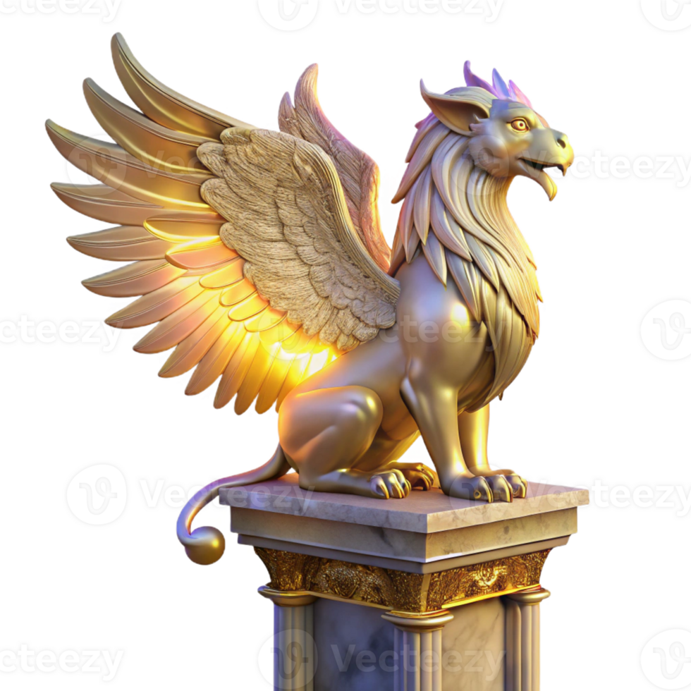 stunning creative A majestic griffin with iridescent feathers, perched atop a crumbling marble pillar, illuminated by a single ray of ethereal golden light. Intricate Art Nouveau style authentic png