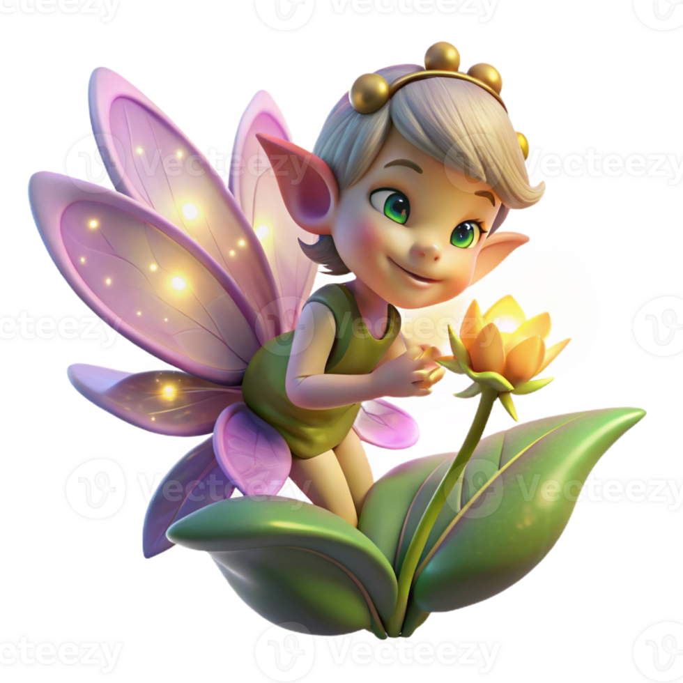 beautiful creative A mischievous pixie, with gossamer wings and glowing eyes, sprinkling magical dust onto a sleeping flower, lit by moonlight. Fantasy art style authentic png
