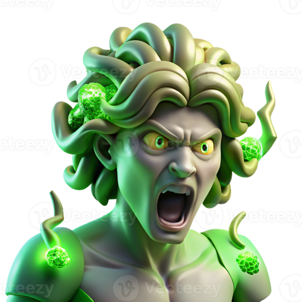 stunning abstract A fierce gorgon, her serpentine hair writhing, turning a warrior to stone, lit by a flash of green light. Greek mythology, baroque style high quality png