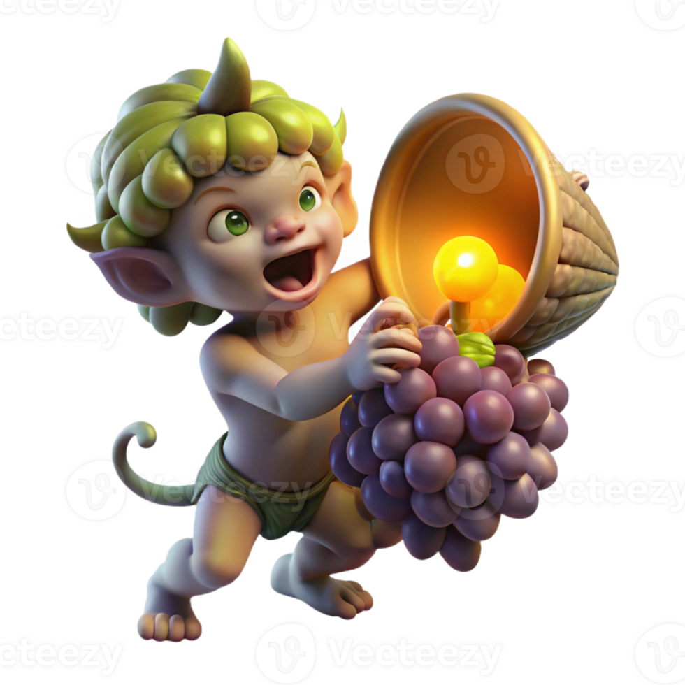 serene abstract A mischievous imp stealing grapes from a overflowing cornucopia, illuminated by a single ray of divine light. Renaissance style, chiaroscuro lighting high quality png