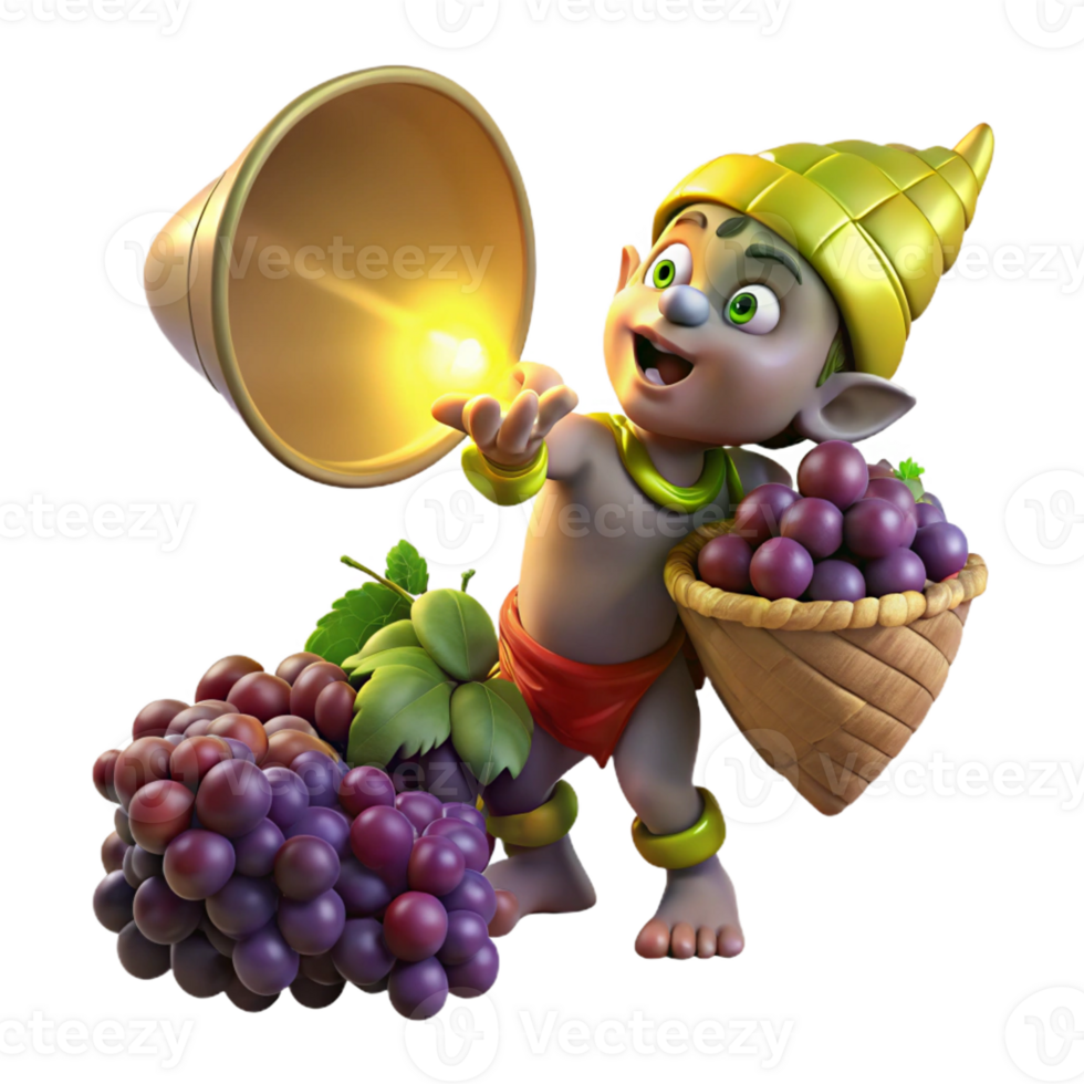 dramatic minimalist A mischievous imp stealing grapes from a overflowing cornucopia, illuminated by a single ray of divine light. Renaissance style, chiaroscuro lighting high quality png