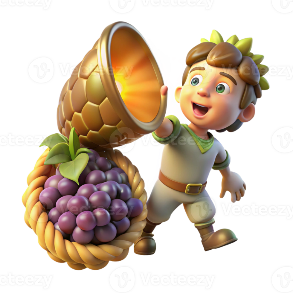 impressive contemporary A mischievous imp stealing grapes from a overflowing cornucopia, illuminated by a single ray of divine light. Renaissance style, chiaroscuro lighting genuine png