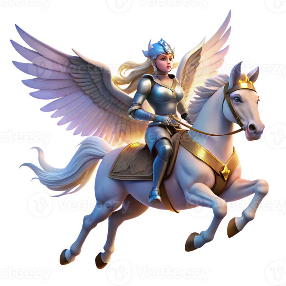 beautiful contemporary A proud valkyrie riding a winged horse through a twilight sky, her armor gleaming in the fading light. Art Deco style authentic png