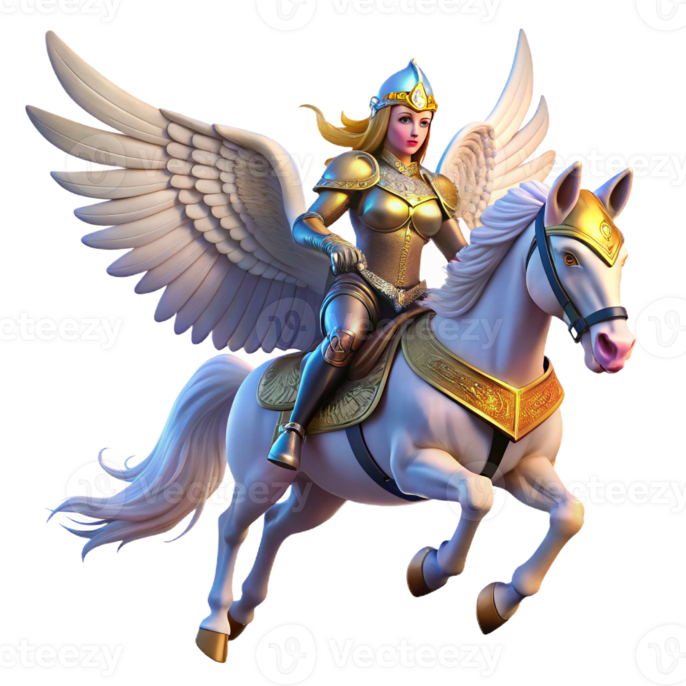 elegant minimalist A proud valkyrie riding a winged horse through a twilight sky, her armor gleaming in the fading light. Art Deco style high resolution png