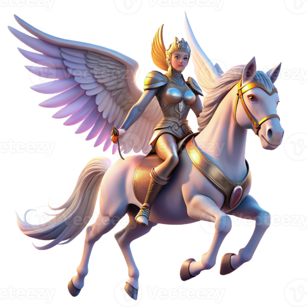 stunning minimalist A proud valkyrie riding a winged horse through a twilight sky, her armor gleaming in the fading light. Art Deco style high resolution png