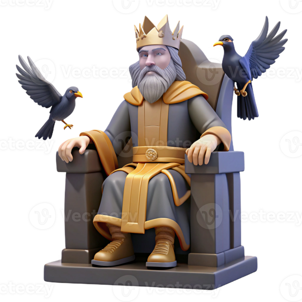 impressive artistic A wise Odin perched on his throne, ravens circling overhead, his one eye gleaming with wisdom. Norse mythology, grand, epic scale exclusive png