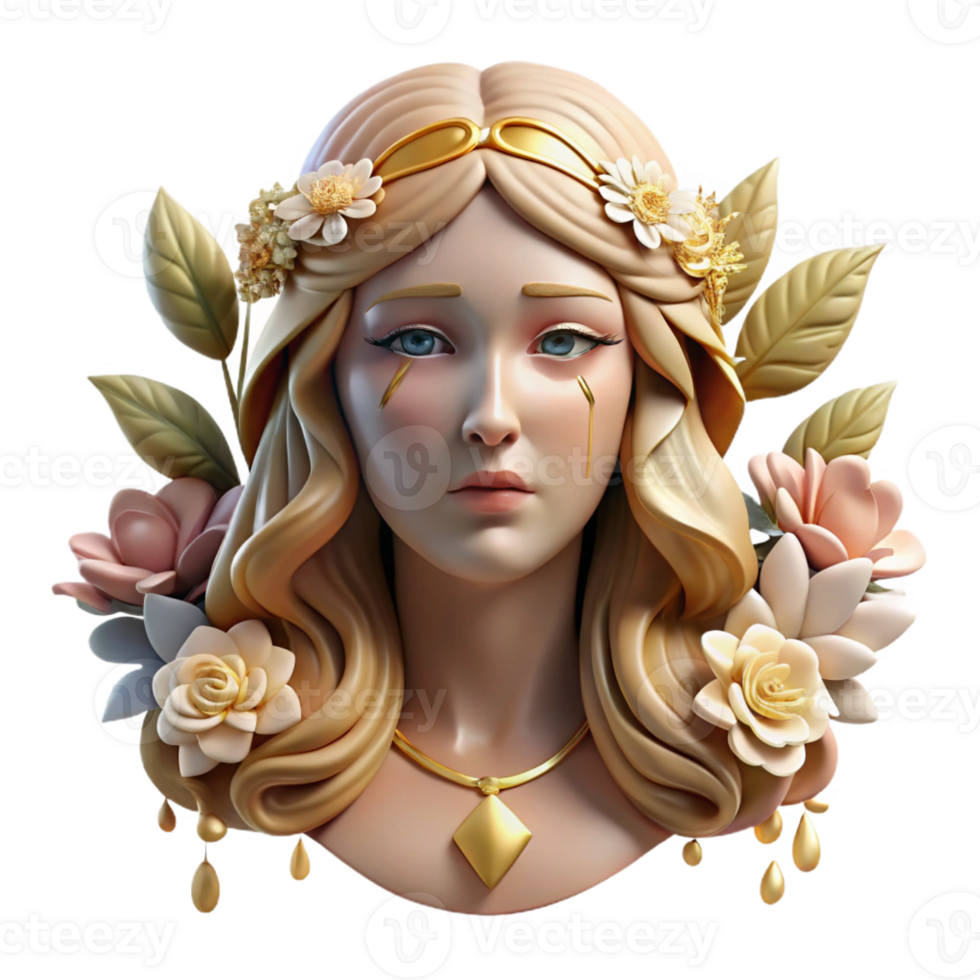 vibrant artistic A beautiful Freya weeping tears of gold, surrounded by blooming flowers, soft light creating a halo effect. Norse mythology, Pre-Raphaelite style detailed png