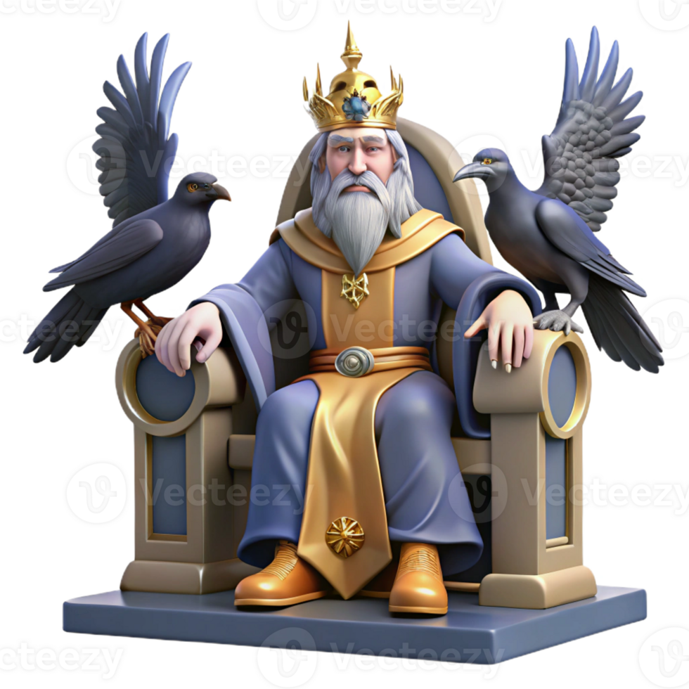 magnificent classic A wise Odin perched on his throne, ravens circling overhead, his one eye gleaming with wisdom. Norse mythology, grand, epic scale professional png