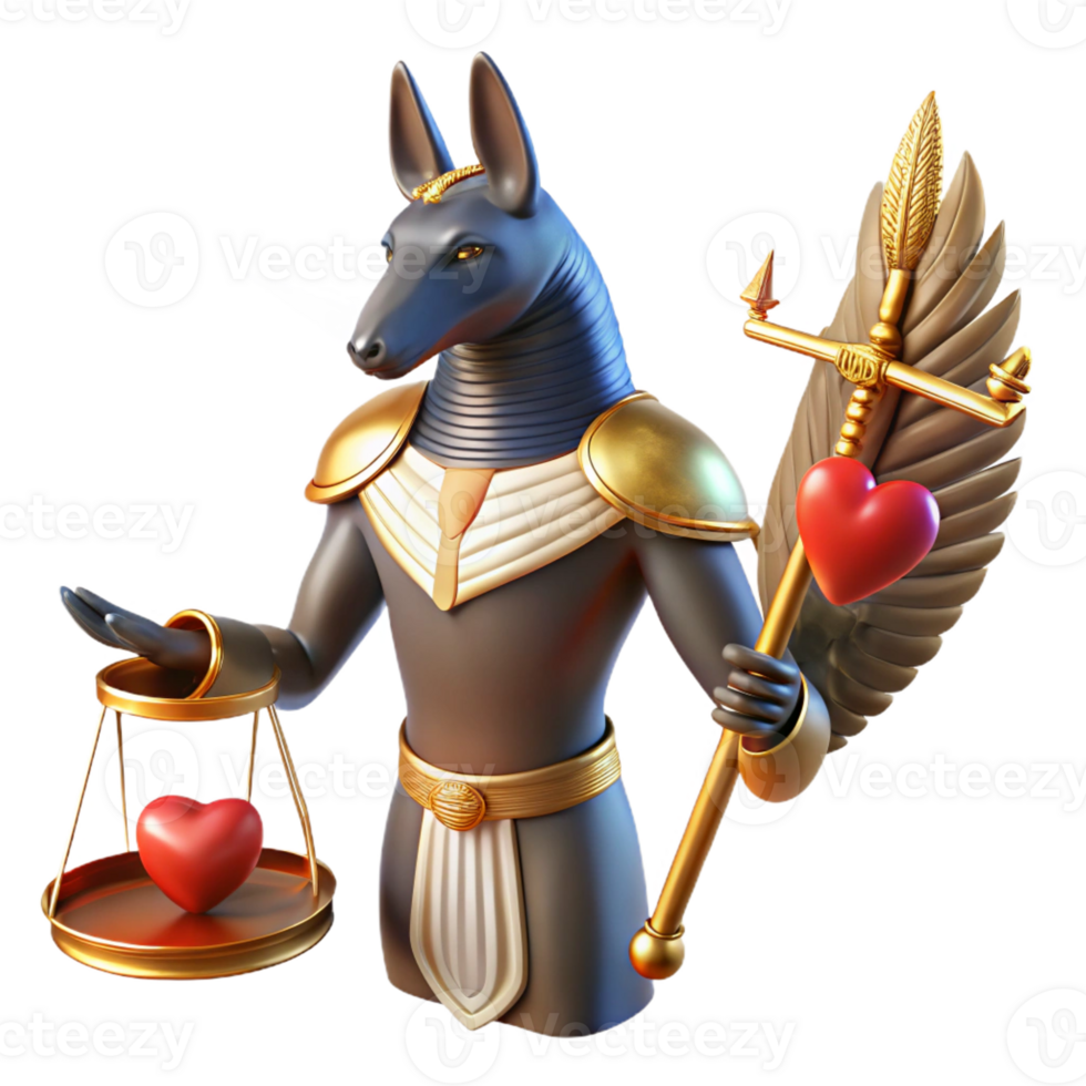 serene contemporary A noble Anubis weighing a heart against a feather, determining the fate of a soul in the afterlife. Egyptian mythology, hieroglyphic details, stylized exclusive png
