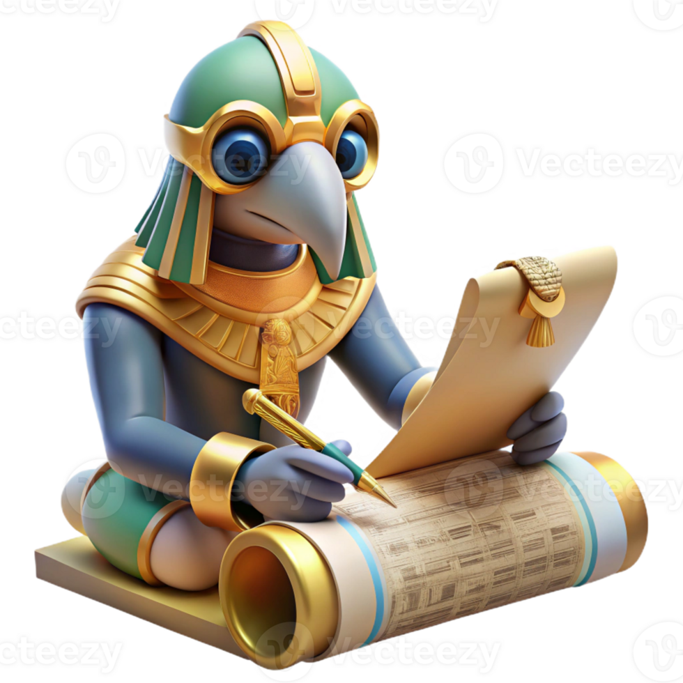 impressive contemporary A wise Thoth, depicted as an ibis-headed man, writing hieroglyphs on a papyrus scroll. Egyptian mythology, intricate details, warm lighting exclusive png