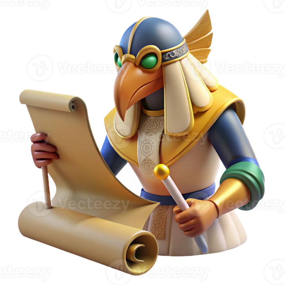 elegant contemporary A wise Thoth, depicted as an ibis-headed man, writing hieroglyphs on a papyrus scroll. Egyptian mythology, intricate details, warm lighting original png