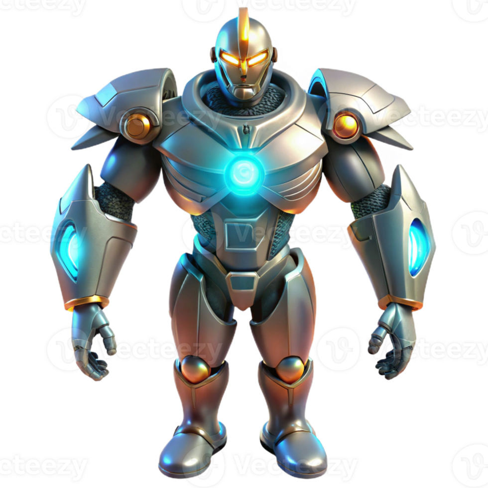 vibrant modern A powerful, robotic warrior stands guard over a futuristic city, illuminated by the searchlights of patrolling drones. The style is imposing and powerful high quality png