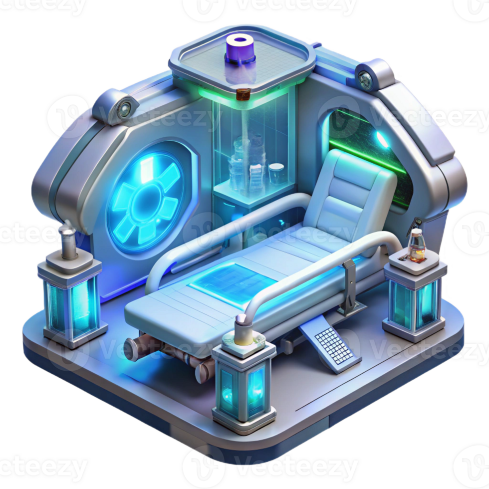 wonderful contemporary A futuristic hospital, filled with advanced medical technology, is bathed in the cool, sterile light of holographic displays. The style is clinical and futuristic professional png