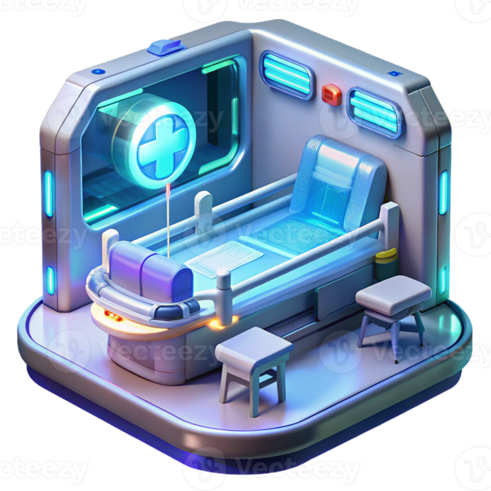 stunning modern A futuristic hospital, filled with advanced medical technology, is bathed in the cool, sterile light of holographic displays. The style is clinical and futuristic high resolution png