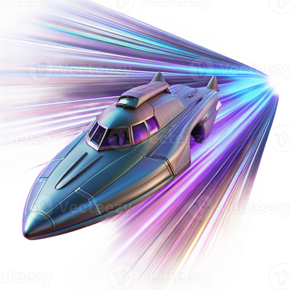 impressive artistic A sleek, futuristic starship warps through hyperspace, leaving a trail of distorted light and color in its wake. The style is abstract and dynamic high resolution png
