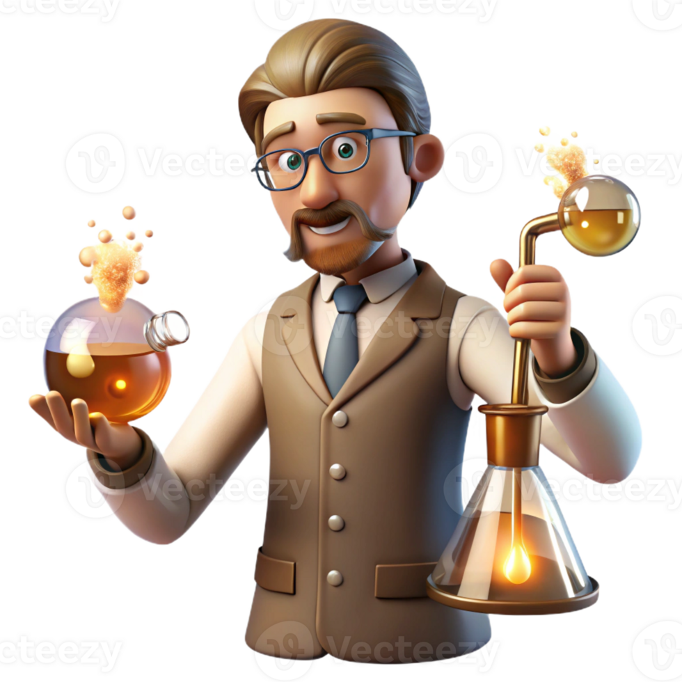 serene creative A steampunk scientist, conducting an experiment with bubbling chemicals and sparking electrodes, in a dimly lit laboratory, with a vintage scientific illustration style professional png