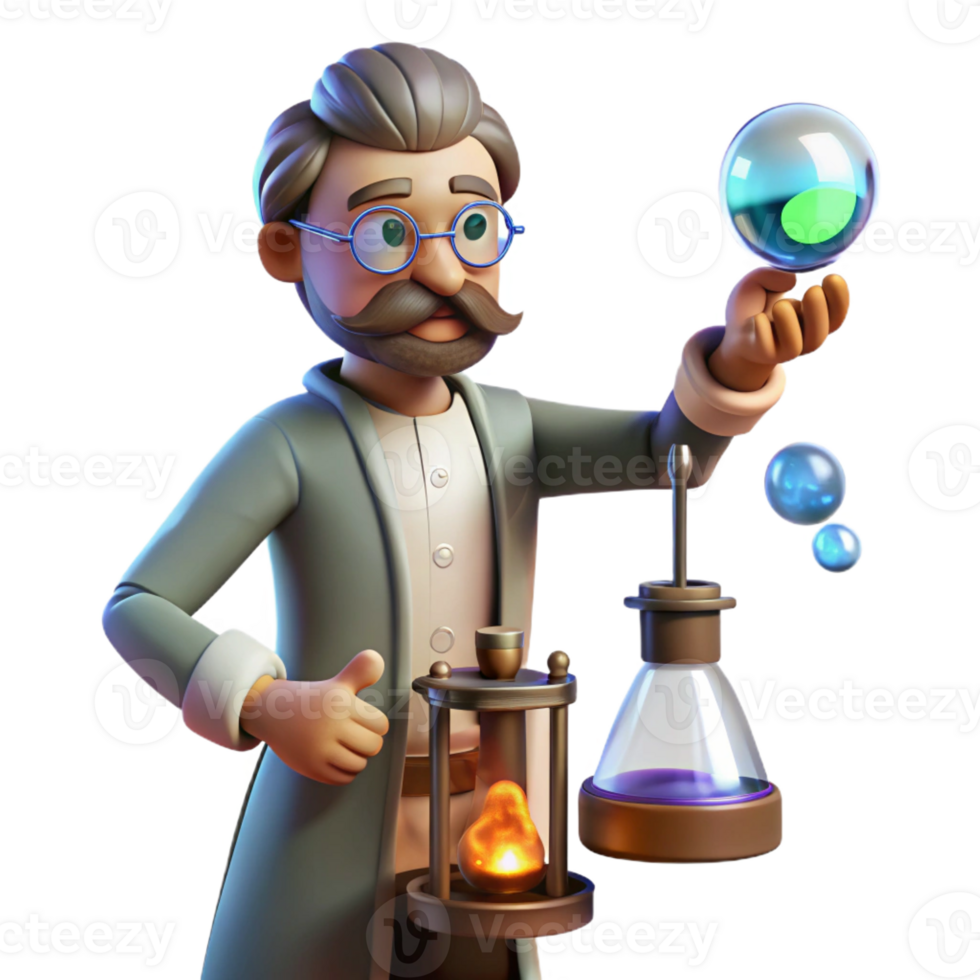 dramatic traditional A steampunk scientist, conducting an experiment with bubbling chemicals and sparking electrodes, in a dimly lit laboratory, with a vintage scientific illustration style genuine png