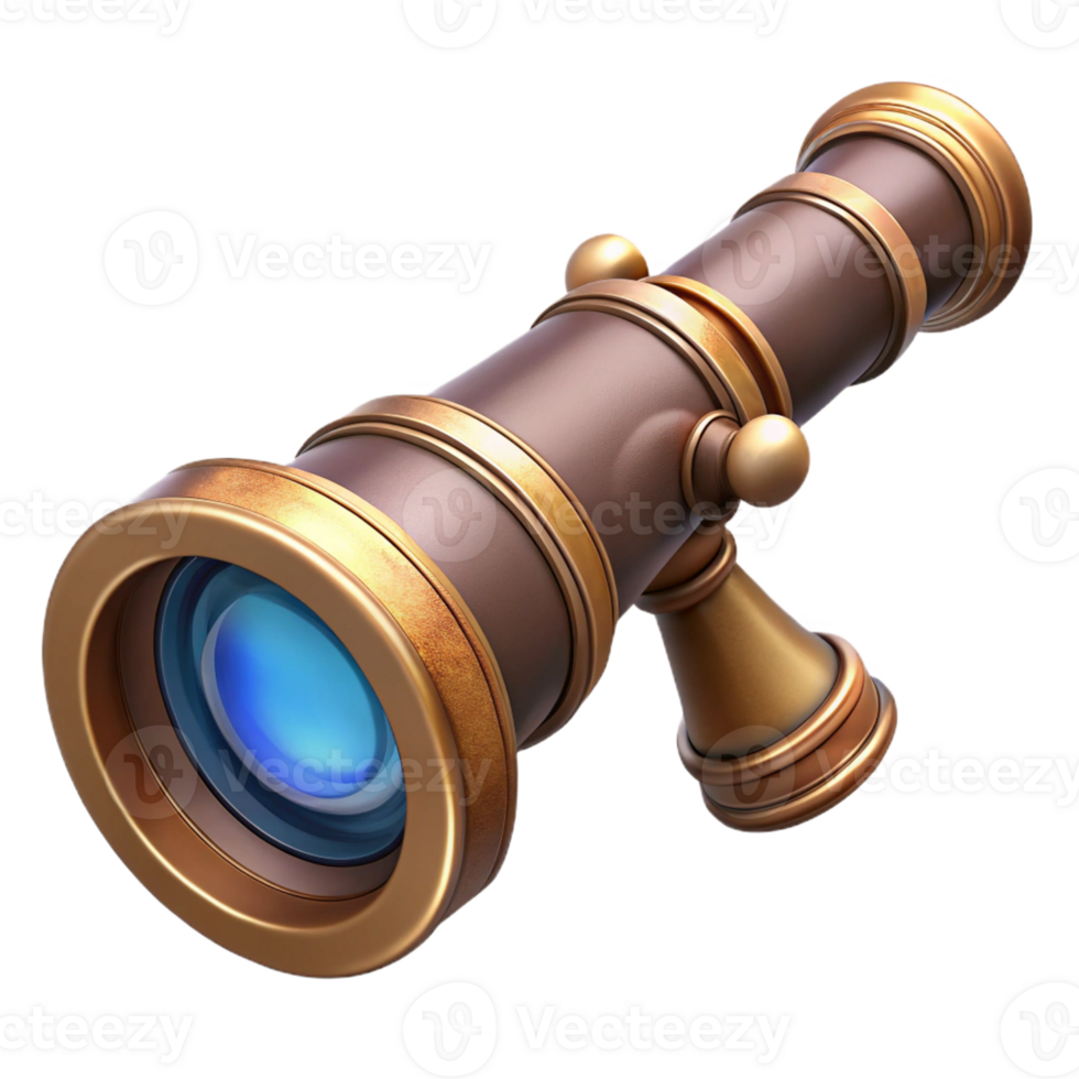 serene artistic A steampunk spyglass, intricately crafted with brass and lenses, pointing towards a distant cityscape, in a realistic render style original png