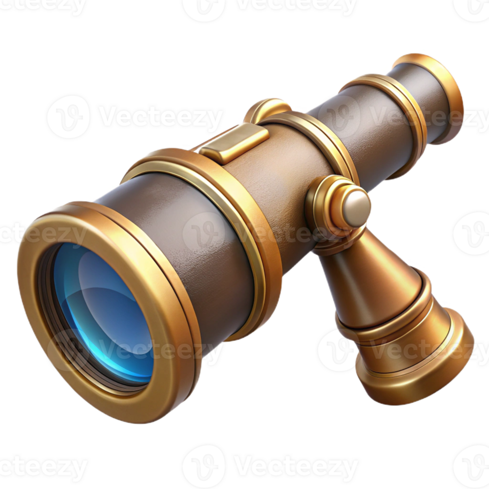 impressive classic A steampunk spyglass, intricately crafted with brass and lenses, pointing towards a distant cityscape, in a realistic render style detailed png
