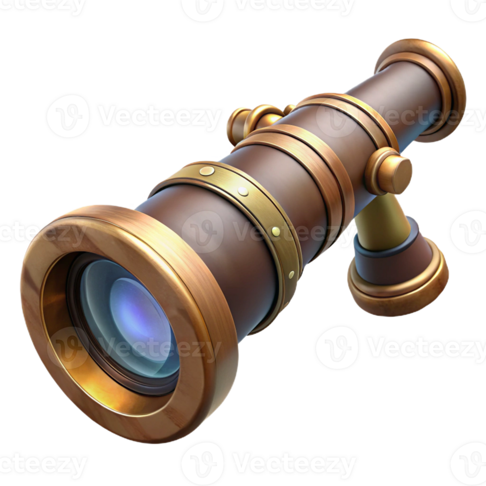 extraordinary traditional A steampunk spyglass, intricately crafted with brass and lenses, pointing towards a distant cityscape, in a realistic render style detailed png
