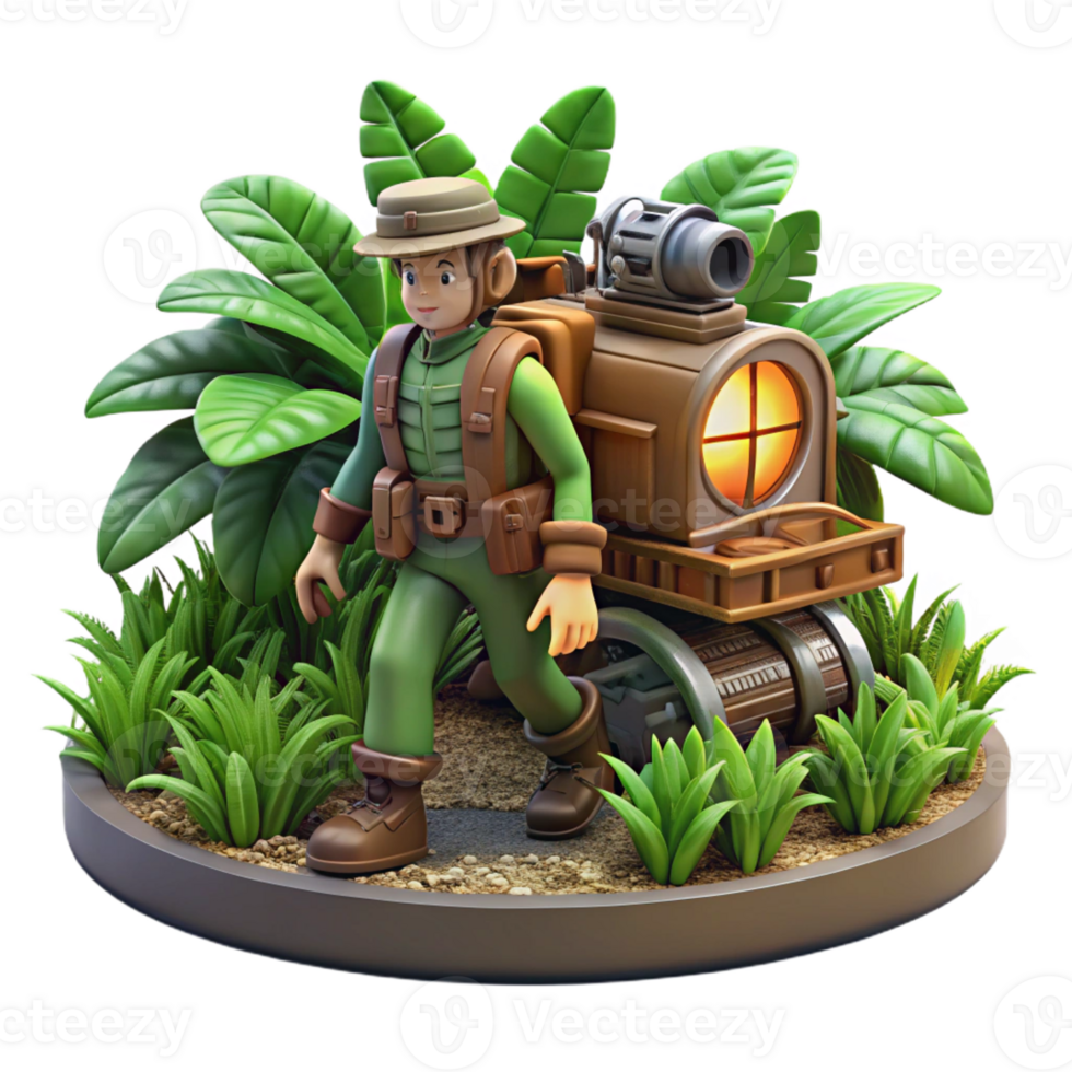 stunning artistic A steampunk explorer, navigating a dense jungle in a mechanized walking vehicle, lit by dappled sunlight filtering through the canopy, in a pulp adventure style premium png