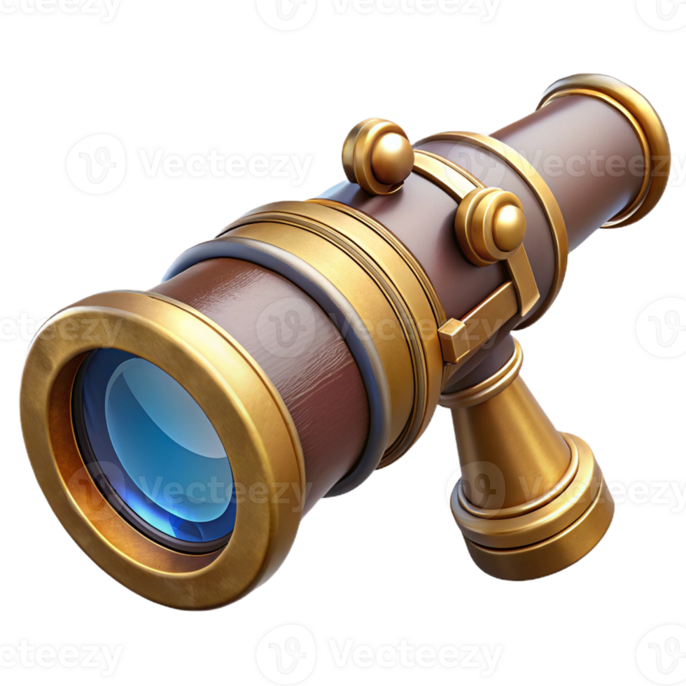 impressive artistic A steampunk spyglass, intricately crafted with brass and lenses, pointing towards a distant cityscape, in a realistic render style professional png