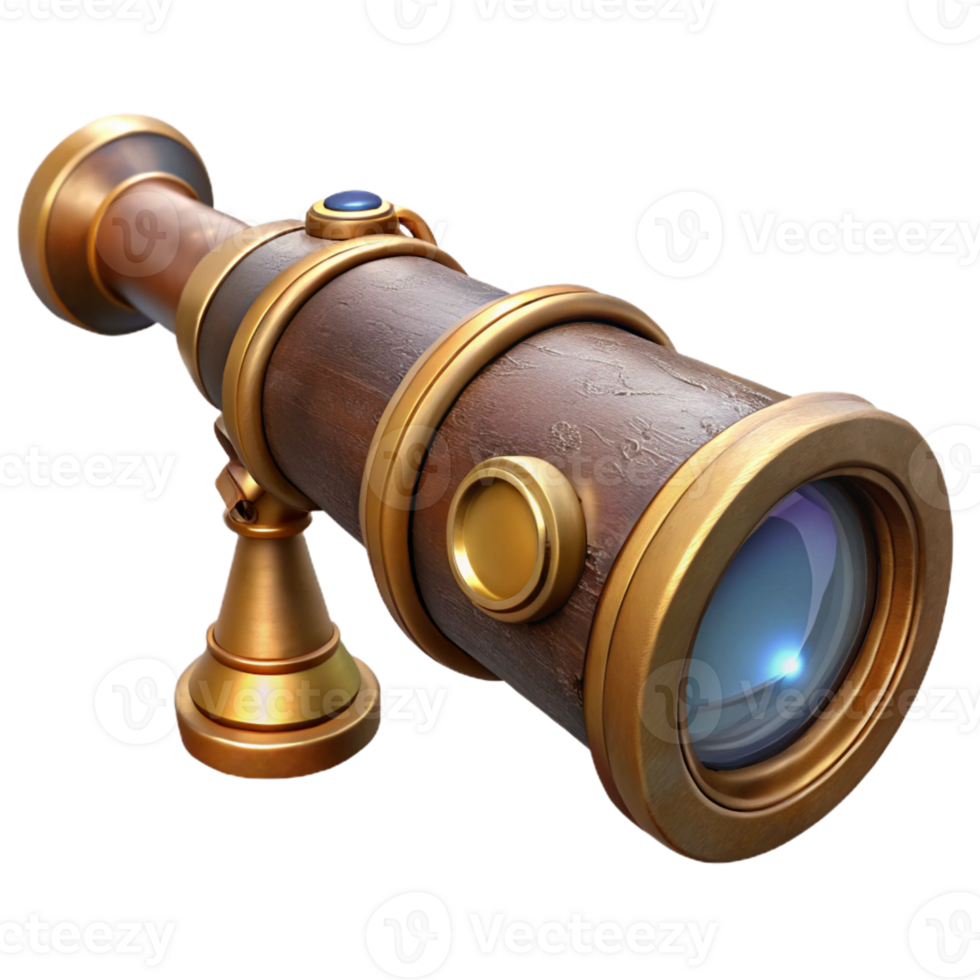 extraordinary rustic A steampunk spyglass, intricately crafted with brass and lenses, pointing towards a distant cityscape, in a realistic render style high resolution png