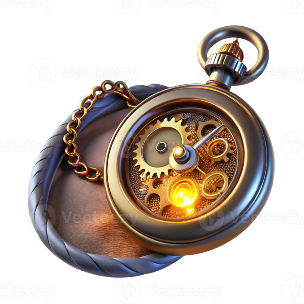 wonderful modern A steampunk pocket watch, with intricate gears and glowing Roman numerals, lying on a velvet cloth, lit by a single light source, in a macro photography style professional png