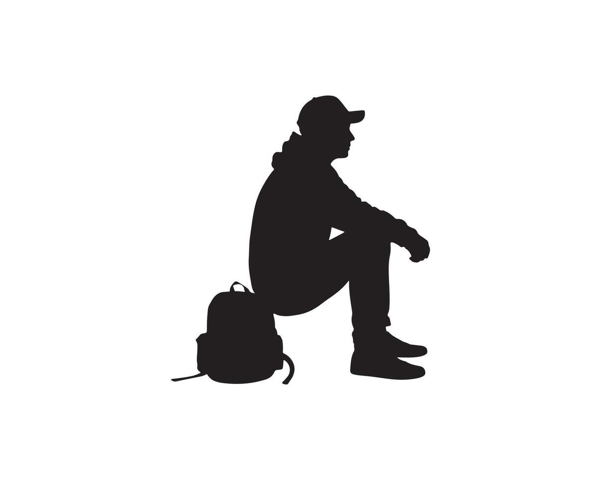 Seated Person with Backpack Silhouette vector