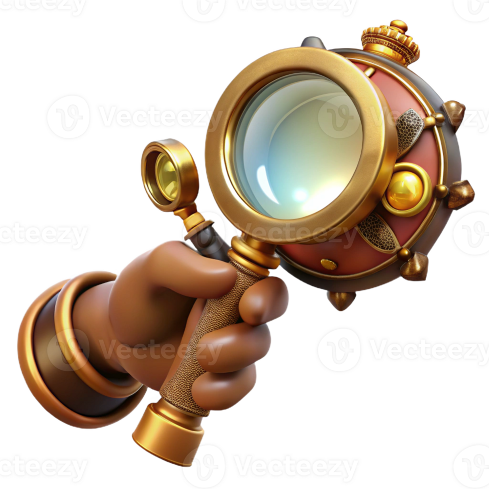 magnificent vintage A steampunk monocle, with a magnifying glass and intricate filigree design, held by a gloved hand, lit by a spotlight, in a fashion photography style authentic png