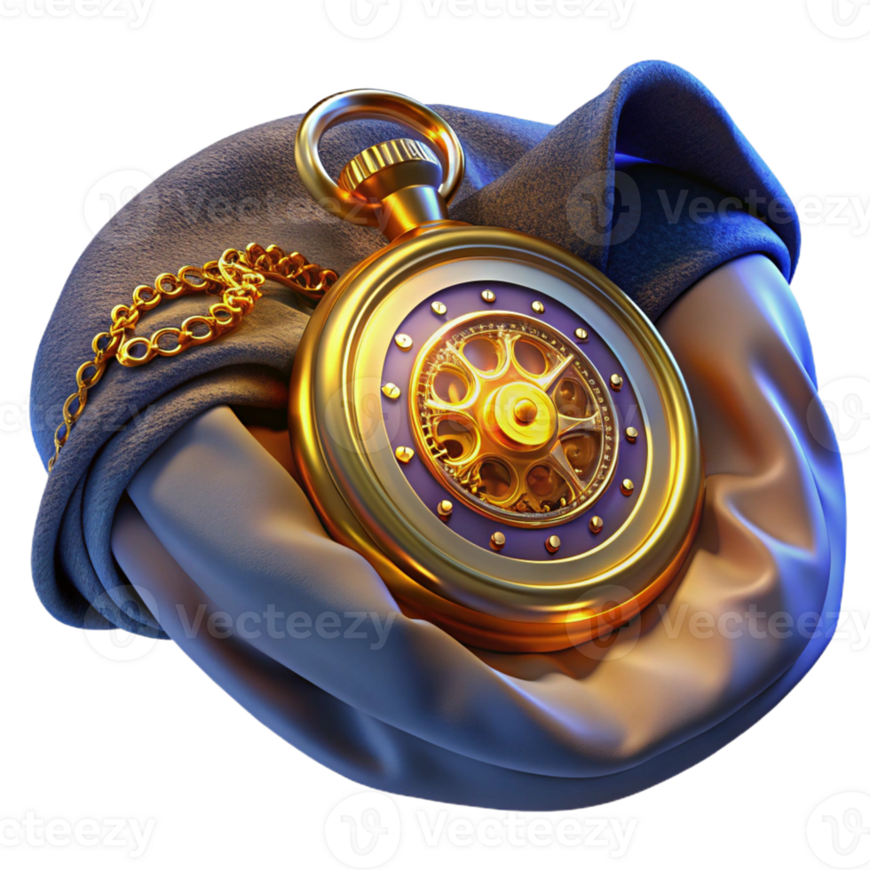 beautiful classic A steampunk pocket watch, with intricate gears and glowing Roman numerals, lying on a velvet cloth, lit by a single light source, in a macro photography style high resolution png