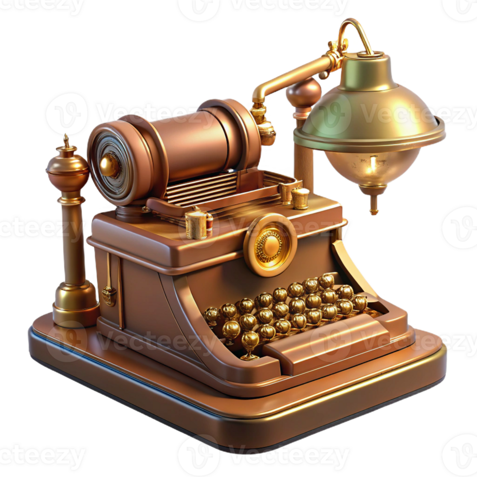 beautiful minimalist A steampunk typewriter, with keys made of polished brass and a copper carriage, on a wooden desk, lit by a desk lamp, in a still life style exclusive png
