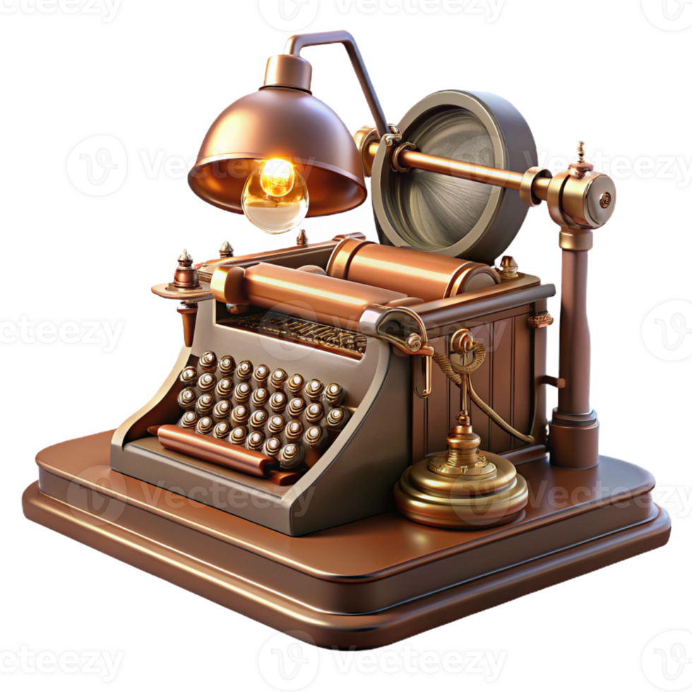 magnificent minimalist A steampunk typewriter, with keys made of polished brass and a copper carriage, on a wooden desk, lit by a desk lamp, in a still life style high resolution png