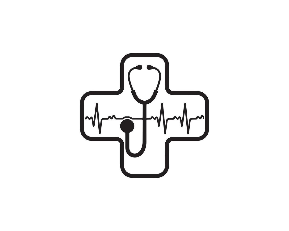 Medical Cross with Stethoscope and Heartbeat Line Silhouette vector