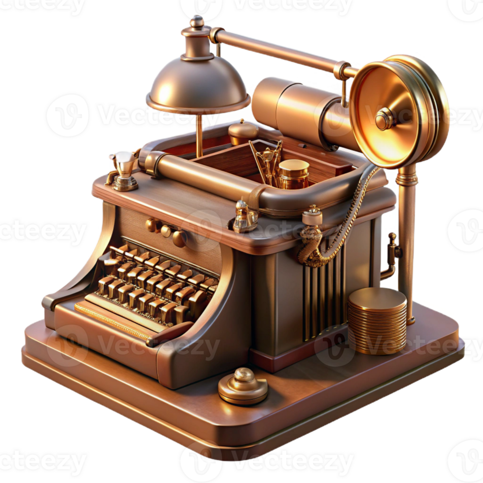 elegant artistic A steampunk typewriter, with keys made of polished brass and a copper carriage, on a wooden desk, lit by a desk lamp, in a still life style original png