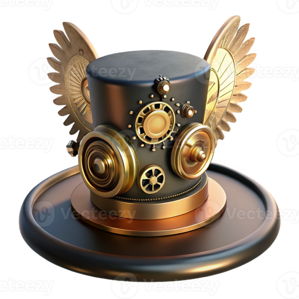 elegant modern A steampunk top hat, adorned with gears, cogs, and miniature brass wings, on a mannequin head, lit by a dramatic spotlight, in a theatrical style high quality png