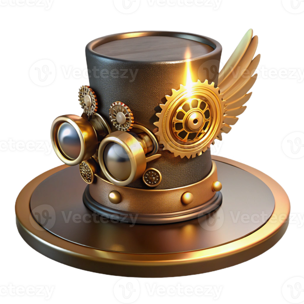 magnificent creative A steampunk top hat, adorned with gears, cogs, and miniature brass wings, on a mannequin head, lit by a dramatic spotlight, in a theatrical style detailed png