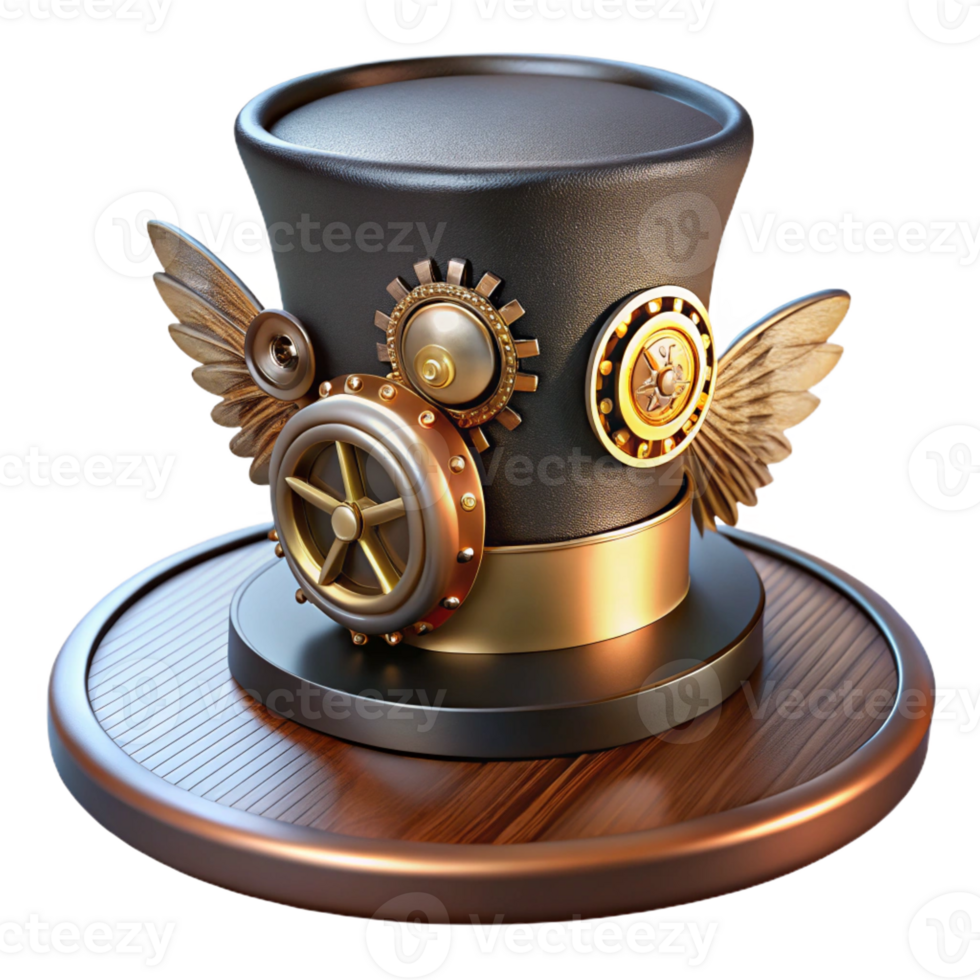 impressive contemporary A steampunk top hat, adorned with gears, cogs, and miniature brass wings, on a mannequin head, lit by a dramatic spotlight, in a theatrical style high resolution png