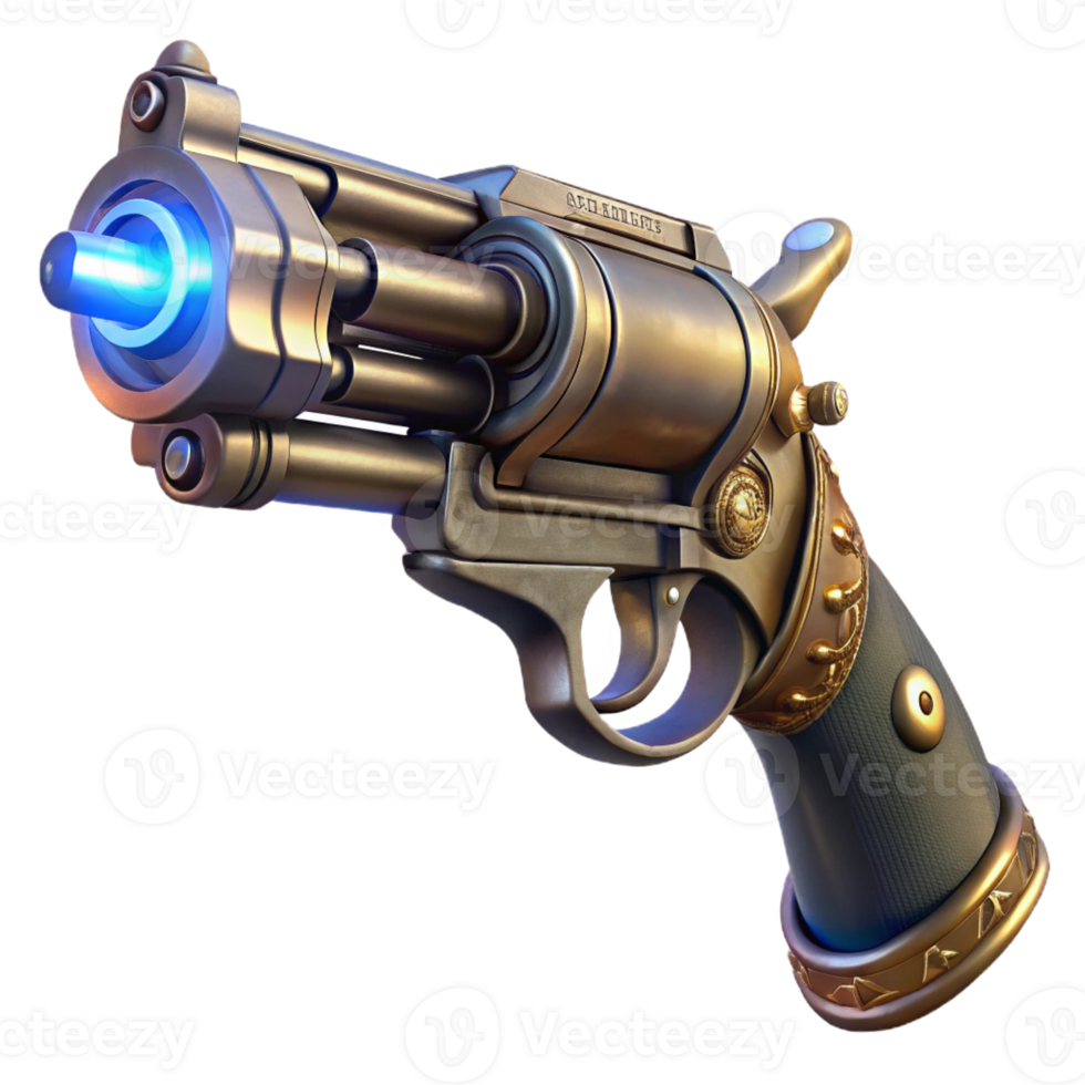 stunning traditional A steampunk pistol, with ornate engravings and a rotating cylinder, held in a gloved hand, lit by a dramatic spotlight, in an action movie style original png