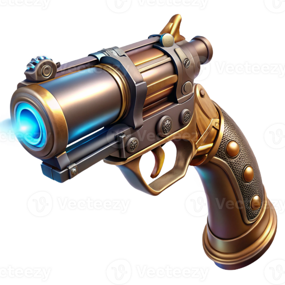 impressive contemporary A steampunk pistol, with ornate engravings and a rotating cylinder, held in a gloved hand, lit by a dramatic spotlight, in an action movie style authentic png